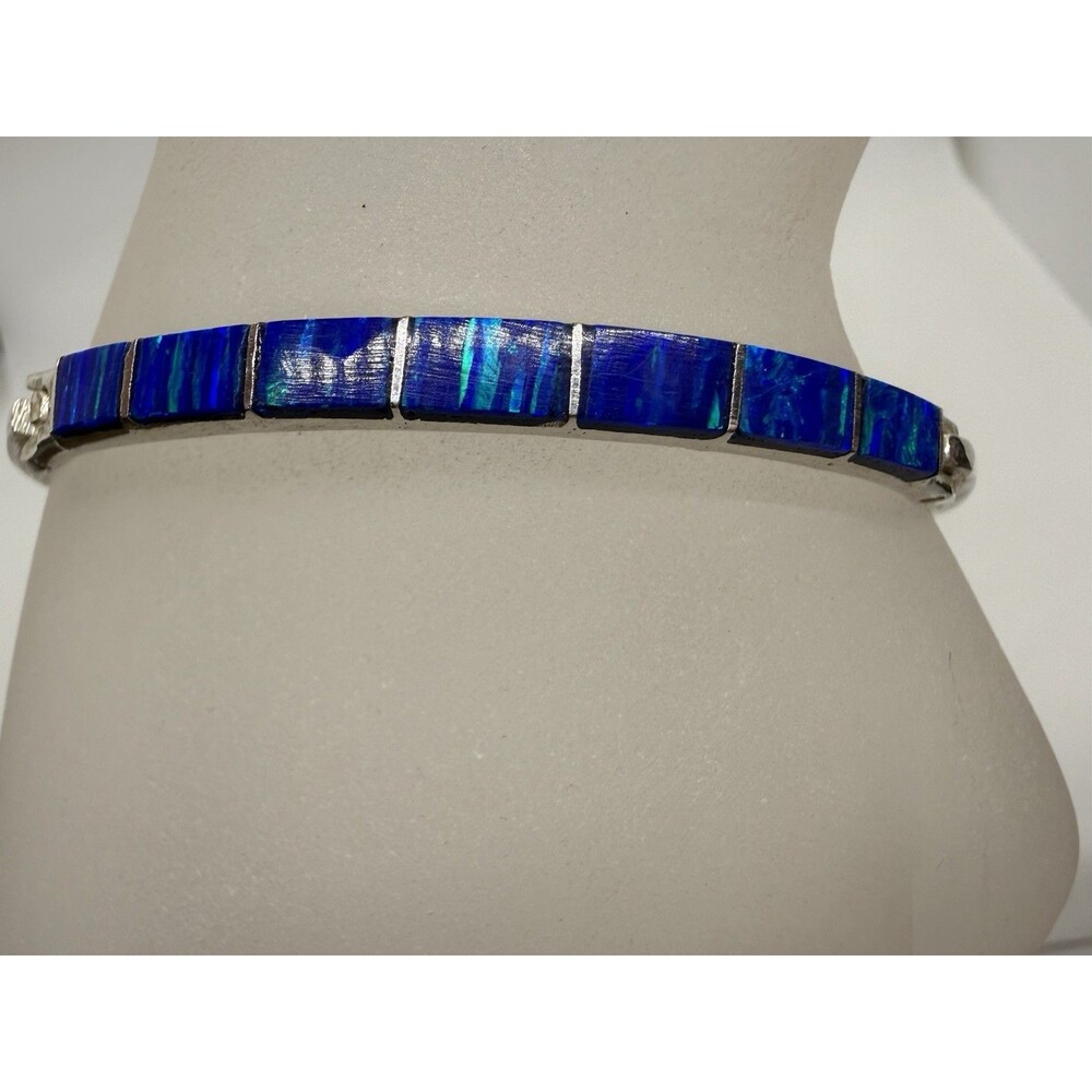 Taxco Mexico 925 Sterling Hinged Cuff Bracelet Blue Lab or Fire Opal Inlay
